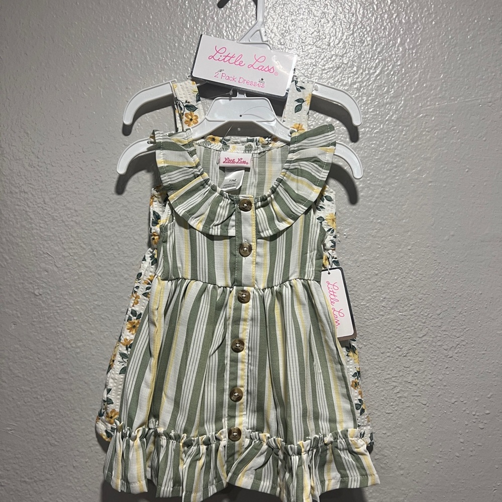 Little Lass Green and Yellow Striped Dress Set